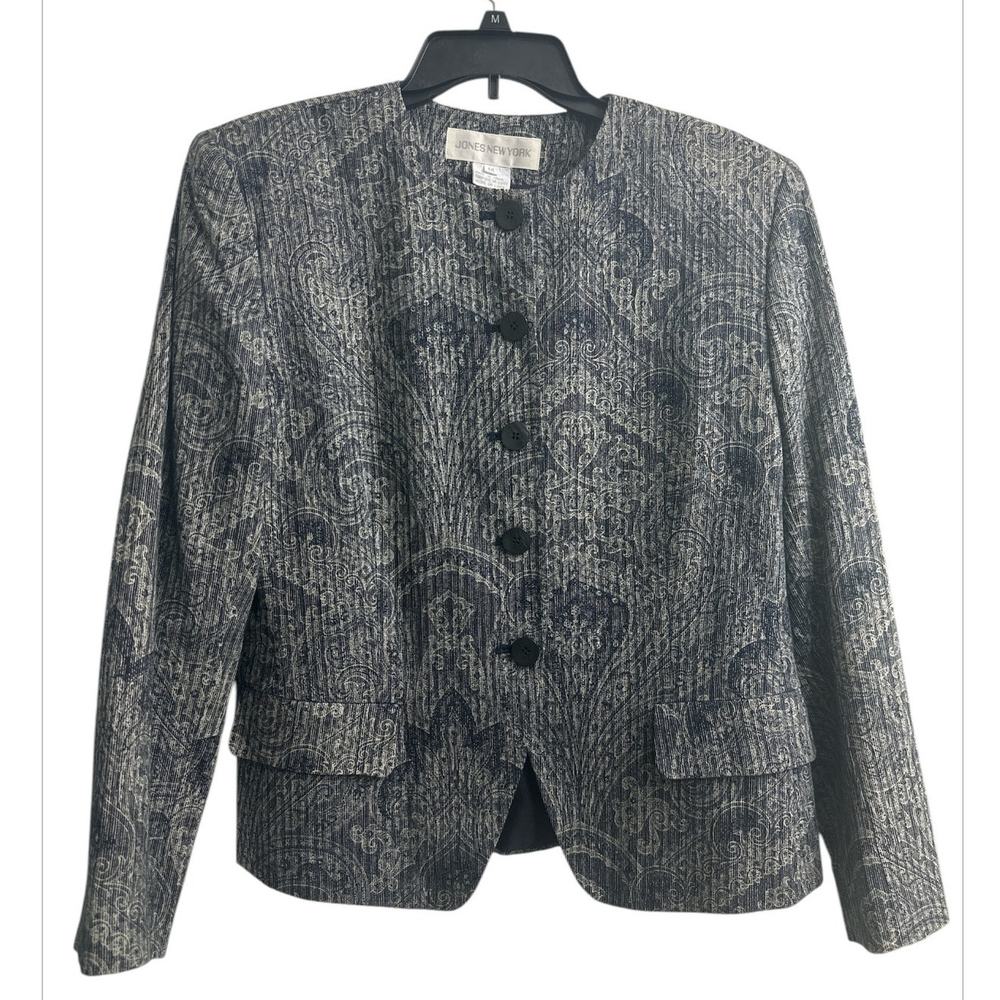 Vintage Jones New York Women’s Gray Paisley Print Buttoned Blazer Jacket Size 14